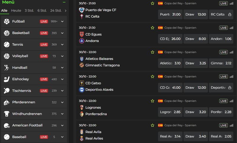 Betovo Sportwetten-Plattform mit Live-Quoten und Wettmärkten für Fußball, Tennis und Basketball